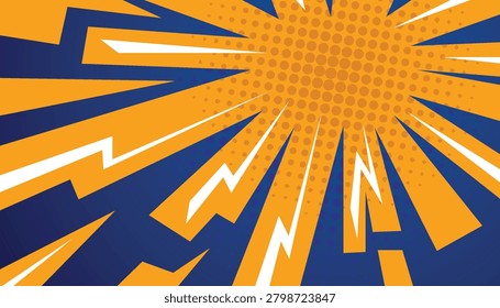Abstract Orange and Blue Comic Pop Art Background with Lightning and Halftone Dots Vector