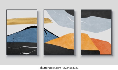 Abstract orange and blue geometric art vector patterns, modern vector painting, hand drawn lines and gold texture art patterns
