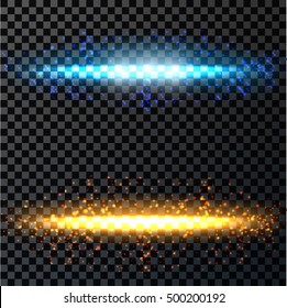 Abstract orange and blue light and fire flash elements set on dark transparent background. Vector illustration.