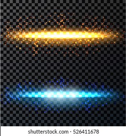 Resumen de elementos de luz naranja y azul y de flash de fuego colocados sobre un fondo transparente oscuro. Ilustración vectorial para diseño web e impreso