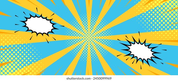 abstracto naranja azul rayos del sol, fondo de textura de libro de historietas de estilo retro, burbujas de discurso, concepto de arte pop
