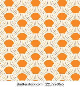 Abstract orange boho sun seamless pattern with colorful rays in ochre and terracotta on white half circles. For home décor, wallpaper, fabric and textile