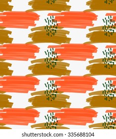 Abstract orange and brown marker strokes with black hatches.Hand drawn with paint brush seamless background.Modern hipster style design.