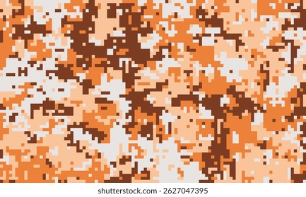 Abstract orange and brown pixelated camouflage pattern.  Perfect for backgrounds, textiles, or digital designs needing a modern, textured, and slightly chaotic feel.