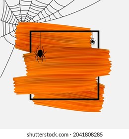 Abstract orange brush stroke background with square frame. Hanging spiders on spider web. Vector illustration.