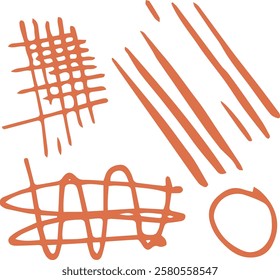 Abstract Orange Brush Strokes and Doodle Compilation on White Background