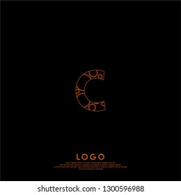 abstract orange circles neon lines technology C logo letter design concept 