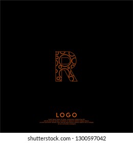 abstract orange circles neon lines technology R logo letter design concept 
