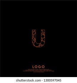 abstract orange circles neon lines technology U logo letter design concept 