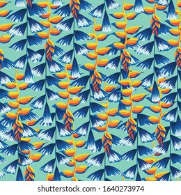 Abstract orange color flowers and blue tropical leaves seamless vector pattern on mint background