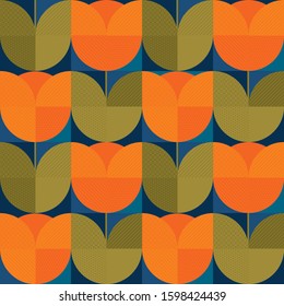 Abstract orange color geometric spring tulip seamless pattern for background, fabric, textile, wrap, surface, web and print design. Decorative retro style colorful floral rapport.