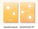 Abstract orange color gradient autumn card background set. Minimalist poster with dandelion flower. Modern fall season wallpaper design for home decoration, website, banner, ads.