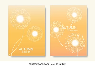 Abstract orange color gradient autumn card background set. Minimalist poster with dandelion flower. Modern fall season wallpaper design for home decoration, website, banner, ads.