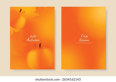 Abstract orange color gradient autumn card background set. Minimalist poster with maple and pumpkin. Modern fall season wallpaper design for home decoration, website, banner, ads.