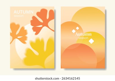 Abstract orange color gradient autumn card background set. Minimalist poster with ginkgo leaf. Modern fall season wallpaper design for home decoration, website, banner, ads.