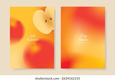 Abstract orange color gradient autumn card background set. Minimalist poster with apple. Modern fall season wallpaper design for home decoration, website, banner, ads.