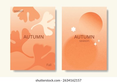 Abstract orange color gradient autumn card background set. Minimalist poster with ginkgo leaf. Modern fall season wallpaper design for home decoration, website, banner, ads.