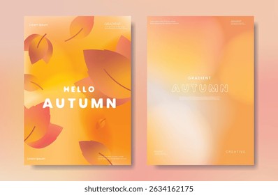 Abstract orange color gradient autumn card background set. Minimalist poster with maple leaf. Modern fall season wallpaper design for home decoration, website, banner, ads.