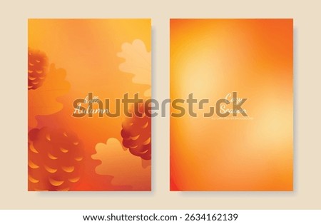 Abstract orange color gradient autumn card background set. Minimalist poster with oak leaf and pine cone. Modern fall season wallpaper design for home decoration, website, banner, ads.