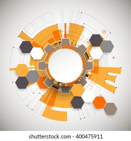 Abstract orange colored technological background with various technological elements. Structure pattern technology backdrop. Vector