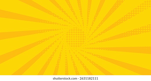Fundo de quadrinhos laranja abstrato. Desenho animado Art Pop. Padrão de efeito de meio-tom. Textura de anime divertida. Estilo de mangá Starburst bg. Marcar gradiente radial popart. Espiral, espiral, raios cômicos.	