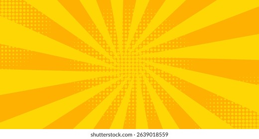 Abstract orange comic background. Art pop cartoon backdrop. Halftone effect pattern. Fun anime texture. Starburst manga style bg. Mark popart radial gradient. Spiral, swirl, comic rays.	