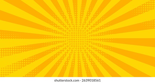 Abstract orange comic background. Art pop cartoon backdrop. Halftone effect pattern. Fun anime texture. Starburst manga style bg. Mark popart radial gradient. Spiral, swirl, comic rays.	