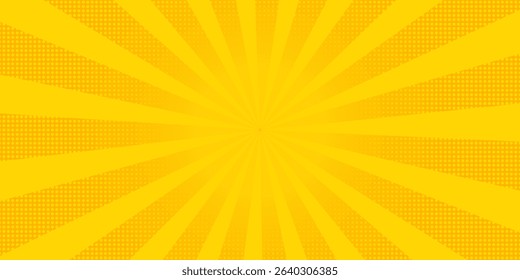 Abstract orange comic background. Art pop cartoon backdrop. Halftone effect pattern. Fun anime texture. Starburst manga style bg. Mark popart radial gradient. Spiral, swirl, comic rays.	