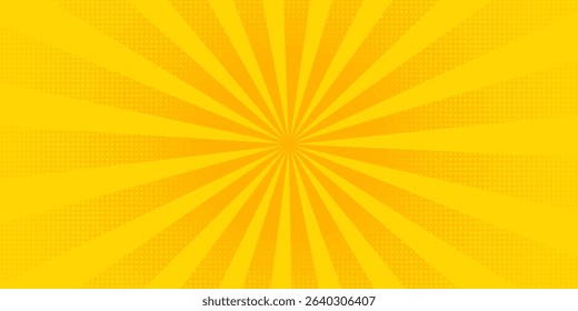 Abstract orange comic background. Art pop cartoon backdrop. Halftone effect pattern. Fun anime texture. Starburst manga style bg. Mark popart radial gradient. Spiral, swirl, comic rays.	