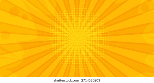 Abstractas fondo de cómic naranja. Fondo de dibujos animados de arte pop. Patrón de efecto semitono. Divertida textura de anime. Starburst estilo manga bg. Marca el gradiente radial de popart. Espiral, remolino, rayos cómicos.