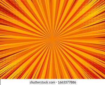 Abstract orange comic background with radial rays and halftone effects. Vector illustration