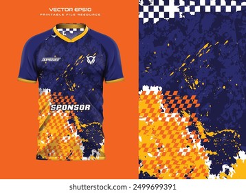 abstract orange dark blue grunge t shirt mockup sport jersey design for football soccer, racing, e sports, running design kit