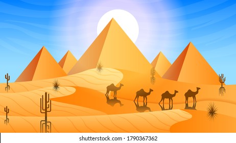 Abstract Orange Desert Background Silhouette With Cactus Pyramids And Camel Vector Design Style Nature Landscape
