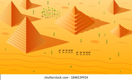 Abstract Orange Desert Background Silhouette With Cactus Pyramids And Camel Vector Design Style Nature Landscape