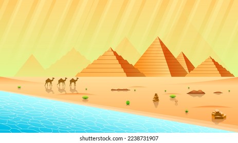 Abstract Orange Desert Background Silhouette With Pyramids, Oasis And Camel Vector Design Style Nature Landscape