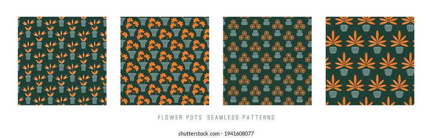 Abstract orange Domestic plants, Flower pots. Minimalistic Icons. Vector illustration. Wrapping paper, textile concept. Simple geometric design. Set of four square Seamless Patterns. Dark background 