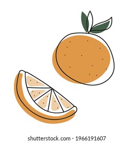 Abstract orange in doodle style. Trendy minimalist print. Set is suitable for illustrating healthy eating, recipes, printable, cards. 