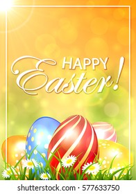 Abstract orange Easter background with colored eggs in grass and flowers, holiday lettering Happy Easter, illustration.