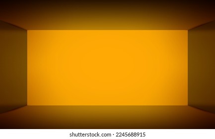Abstract orange empty room with bright front screen and space for text, floor, free space place, colored open space room without textures, bright background with walls, colorful vector 3d illustration