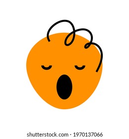 Abstract Orange Face With Open Mouth And Curly Hair, Yawn. Character Icon Design Vector Illustration Isolated On White Background. Expression People Emotion.