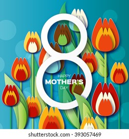 Abstract Orange Floral Greeting card - Happy Mothers Day - 8 May- with Bunch of Spring Tulips. Flower holiday background. Beautiful bouquet. Trendy Design Template. Vector illustration.