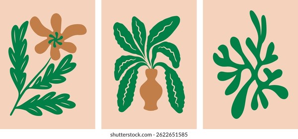 Abstract orange flower, plant pot and green seaweed. Handmade floral prints with minimalist design.