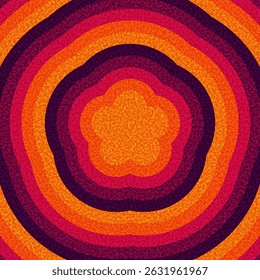 Abstractas forma de flor de color naranja con patrón de ondulación de color violeta y magenta de estilo retro. Ilustración vectorial.