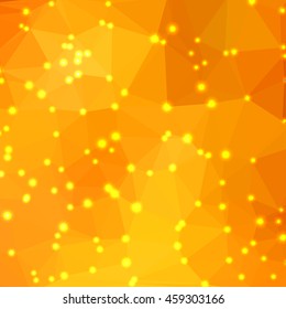 Abstract orange geometric background consisting of colored triangles with lights in corners. Low poly square format pattern.