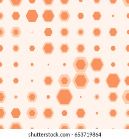 Abstract orange geometric background with hexagons of different colors and size.