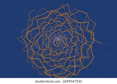 An abstract orange geometric spiral pattern radiates outwards with thin purple lines on a dark blue background.