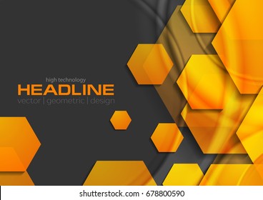 Abstract orange glossy shiny tech background with hexagons. Vector design