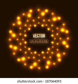 Abstract orange glowing circle mandala or symmetrical cosmic fractal on black space background. Shiny kaleidoscope ornament for futuristic vector banner decoration