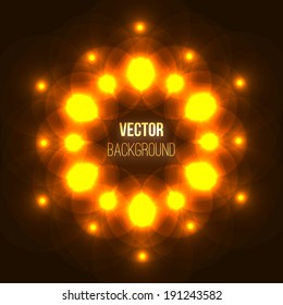 Abstract orange glowing circle mandala or symmetrical cosmic fractal on black space vector background. Shiny kaleidoscope ornament for futuristic banner decoration