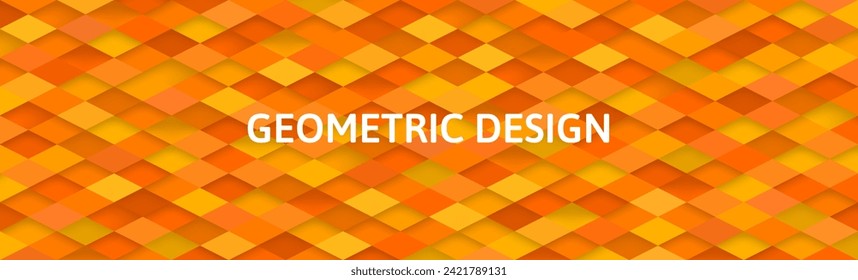 Pancarta en tonos naranja y verde con textura a cuadros, motivos geométricos de moda, cubos 3d, tejas en el techo. Fondo de mosaico multicolor	